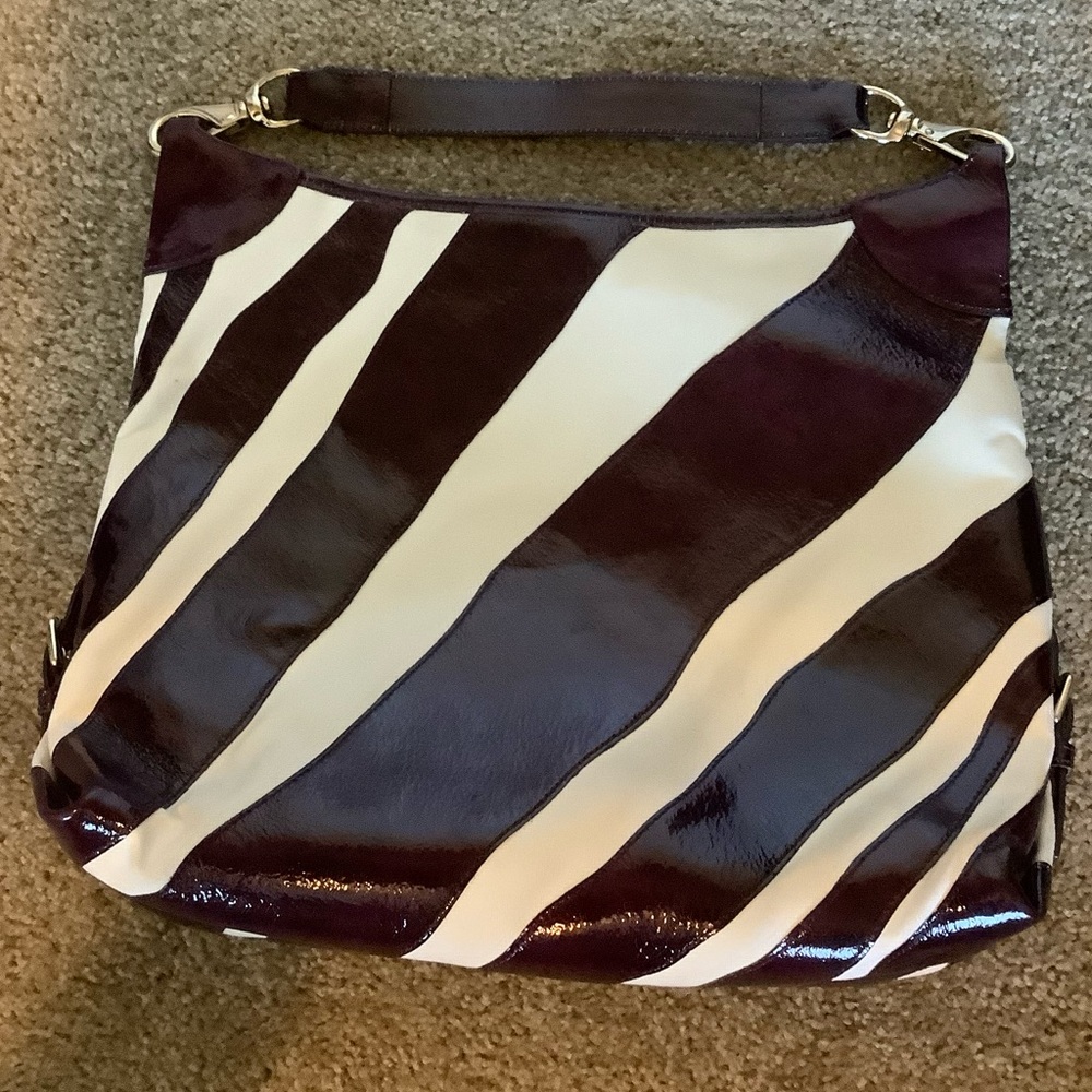 Dooney & Bourke Purple Patent & White Canvas Stripe Shoulder Bag - Picture 6 of 7